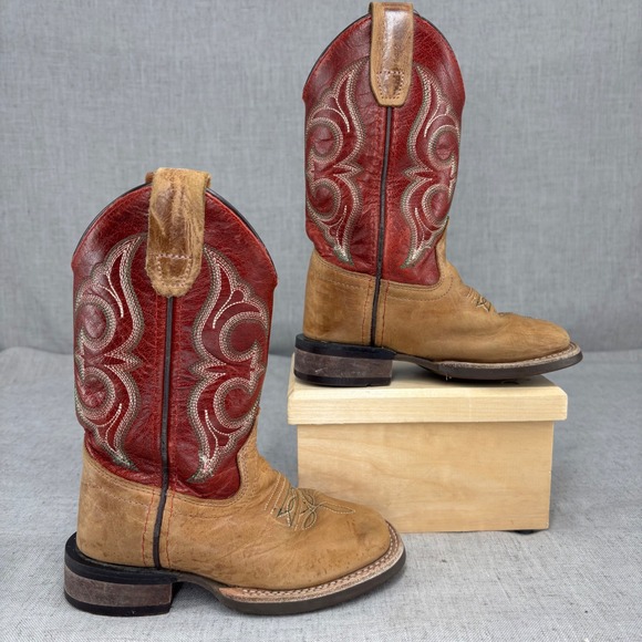 Old West Square Toe Cowboy Boots Red Brown Leather Pull On Kids Size 9 - Picture 2 of 11